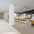 Modern Public Office Space Interior With Orange Blue Walls Pendant Lights Sofa And Tables