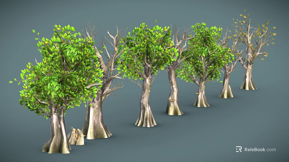 Cartoon Scene With Various Trees Having Green Leaves And Bare Branches 3d model 
