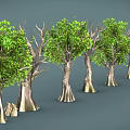 Cartoon Scene With Various Trees Having Green Leaves And Bare Branches