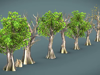 Cartoon Scene With Various Trees Having Green Leaves And Bare Branches 3d model