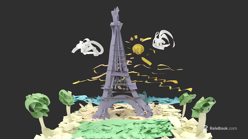 Paper Art City Architecture Featuring Eiffel Tower With Trees Yellow Elements And Water Area 3d model 
