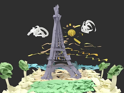 Paper Art City Architecture Featuring Eiffel Tower With Trees Yellow Elements And Water Area 3d model