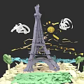 Paper Art City Architecture Featuring Eiffel Tower With Trees Yellow Elements And Water Area