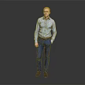 Man In Blue Shirt And Blue Pants Standing With Hands In Pockets Against Gray Background