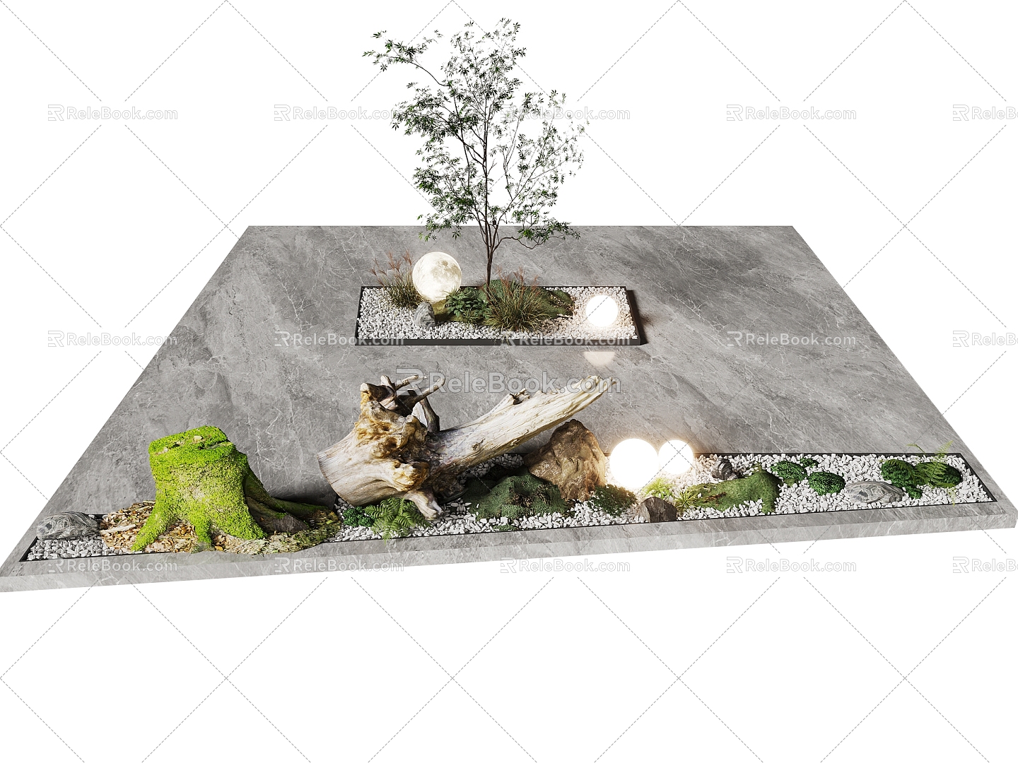 Modern landscape sketch interior landscaping small tree moss stone 3d model