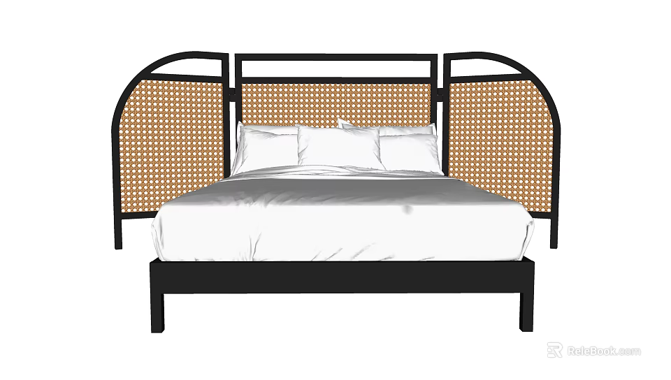 Modern Double Bed With Rattan Headboard Black Frame And White Bedding 3d model 