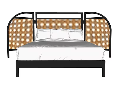 Modern Double Bed With Rattan Headboard Black Frame And White Bedding 3d model