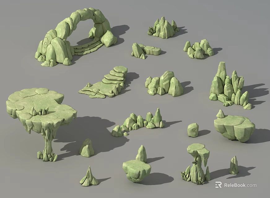 Green Stone and Wood 3D Landscape Design Elements in Various Shapes 3d model 