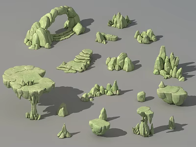 Green Stone and Wood 3D Landscape Design Elements in Various Shapes 3d model