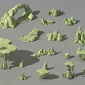 Green Stone and Wood 3D Landscape Design Elements in Various Shapes