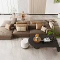 Modern Brown Sofa And Coffee Table Set In Living Room With Multiple Cushions Decorative Items