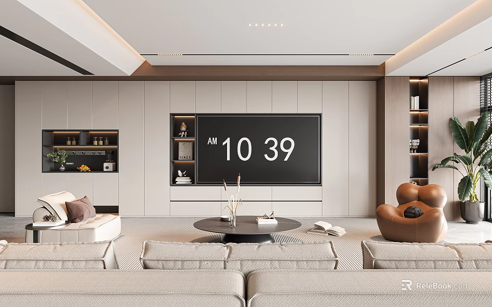 Modern Living Room Interior Design With Beige Sofa Round Coffee Table TV Wall And Shelves 3d model 