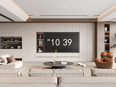Modern Living Room Interior Design With Beige Sofa Round Coffee Table TV Wall And Shelves 3d model