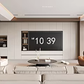 Modern Living Room Interior Design With Beige Sofa Round Coffee Table TV Wall And Shelves