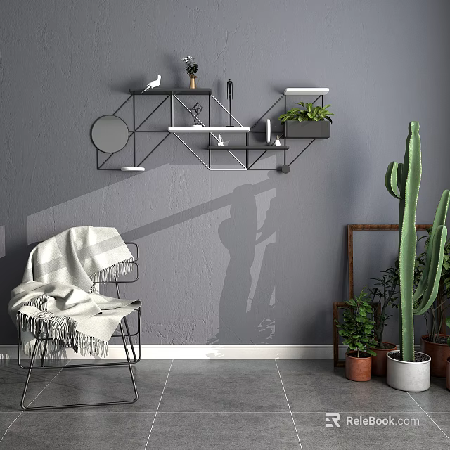 Stylish Accent Chair with White Fringe Blanket by Gray Wall Metal Shelf and Green Plants 3d model 