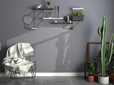 Stylish Accent Chair with White Fringe Blanket by Gray Wall Metal Shelf and Green Plants 3d model