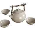 White Ceramic Tea Set with Wooden Handle Teapot and Three Teacups 3d model