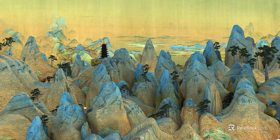 Traditional Chinese Landscape Featuring Blue Yellow Mountains Ancient Pagoda Scattered Trees And Misty Clouds 3d model 