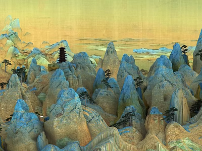 Traditional Chinese Landscape Featuring Blue Yellow Mountains Ancient Pagoda Scattered Trees And Misty Clouds 3d model