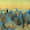 Traditional Chinese Landscape Featuring Blue Yellow Mountains Ancient Pagoda Scattered Trees And Misty Clouds