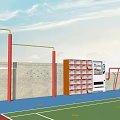 People Exercising In Outdoor Fitness Training Area With Green Field And Red Bars