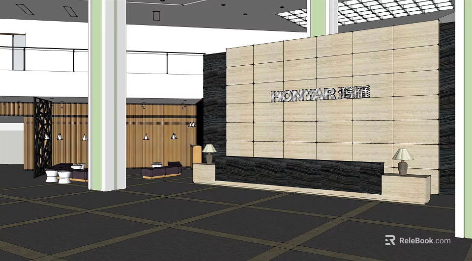 HONNYAR Front Desk Reception Area With Stone Wall Black Countertop And Sofa Seating 3d model 