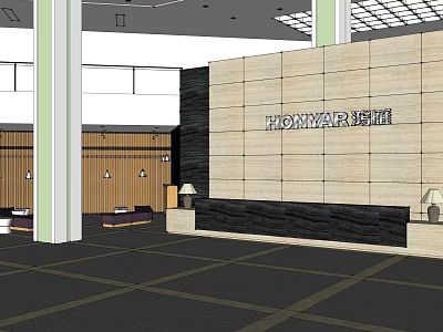 HONNYAR Front Desk Reception Area With Stone Wall Black Countertop And Sofa Seating 3d model