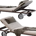 Modern Lounge Chair With Beige Cushion Dark Wooden Frame Gray Blanket Pillow And Wheels
