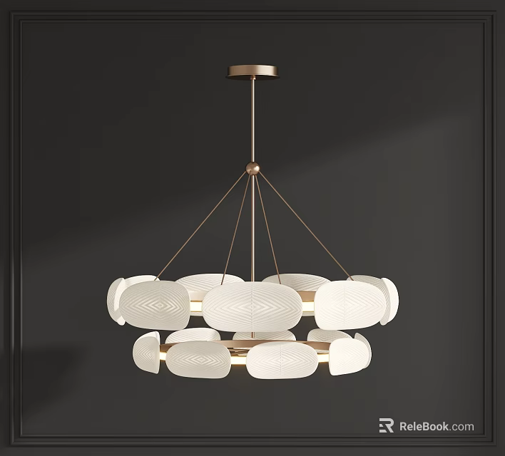 Modern White Chandelier With Brass Frame And Circular Glass Lampshades 3d model 