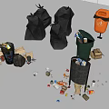 Public Waste Bins With Black Trash Bags And Scattered Garbage Including Bottles And Cartons