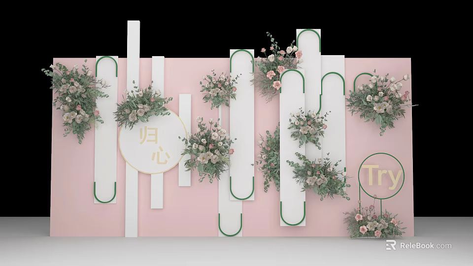 Floral Display Design With Pink Background White Curved Strips And Circular Elements 3d model