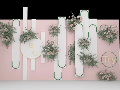 Floral Display Design With Pink Background White Curved Strips And Circular Elements 3d model