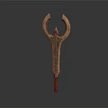 Golden Red Trident Weapon With Curved Top Spike And Wooden Grip Design