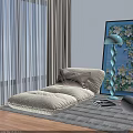 Cozy Ribbed Beige Lazy Sofa With Soft Pillow And Blue Floral Painting Near Table Lamp