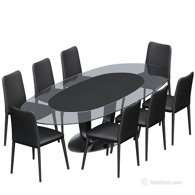 Modern Oval Glass Top Dining Table Set With Six Black Upholstered Chairs 3d model 