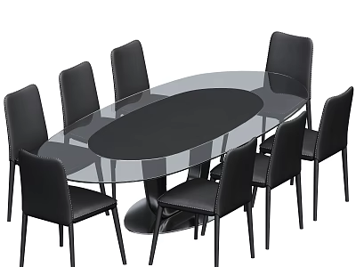 Modern Oval Glass Top Dining Table Set With Six Black Upholstered Chairs 3d model