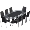 Modern Oval Glass Top Dining Table Set With Six Black Upholstered Chairs