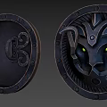 Two Decorative Metal Shields With Lion Head Design And Green Eyes