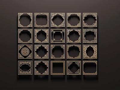 Multiple Intricate Carved Patterns On Black And Gold Decorative Square Panels 3d model