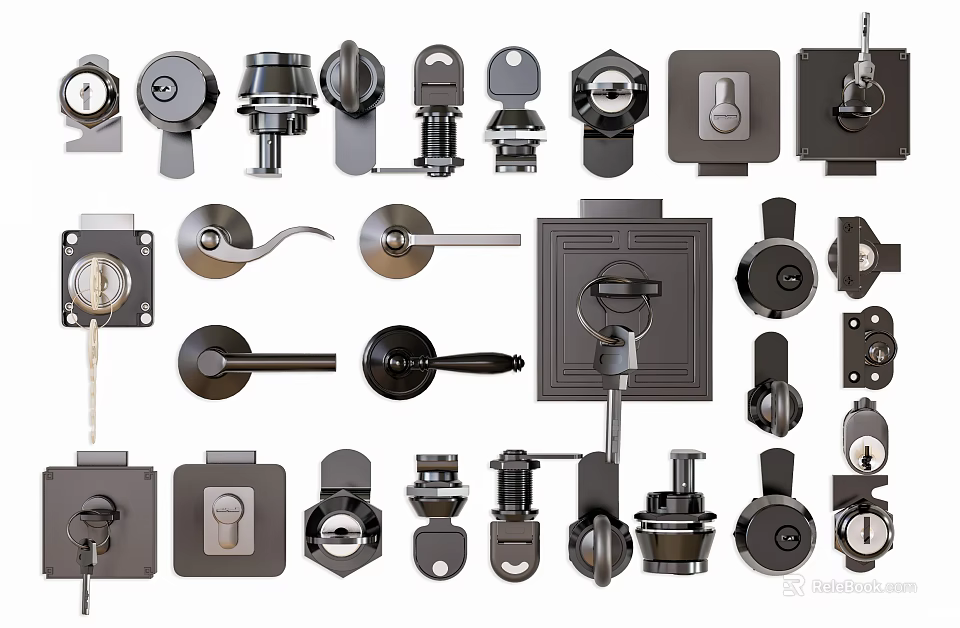 Assorted Hardware Tools Display With Different Types Of Door Locks Handles And Fittings 3d model 