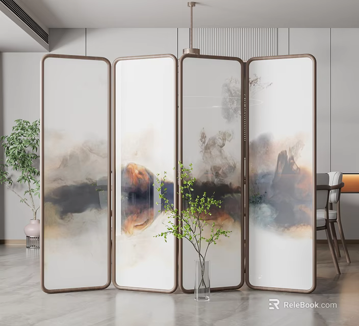Modern Multi Panel Screen With Artistic Landscape Design Metal Frame And Green Plants 3d model