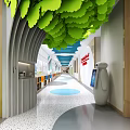 Elevator Corridor With Green White Tree Patterns Blue Ceiling Colorful Bookshelves Large Windows City View 3d model