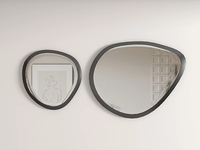 Two Different Sizes Modern Irregular Mirrors With Black Frames On White Wall 3d model