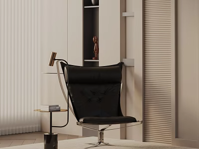 Black Leather Lounge Chair With Modern Metal Frame Side Table Books And Window Blinds 3d model