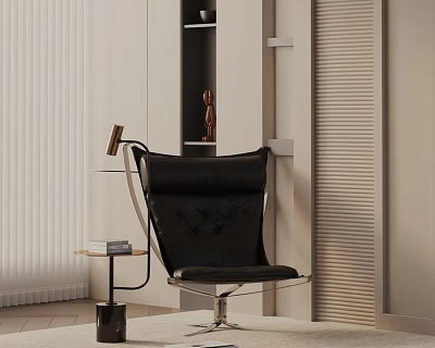 Black Leather Lounge Chair With Modern Metal Frame Side Table Books And Window Blinds 3d model