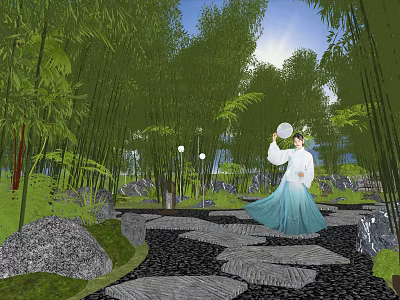 Traditional Chinese Garden Landscape With Bamboo Grove Stone Path And Person Holding Fan 3d model
