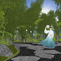 Traditional Chinese Garden Landscape With Bamboo Grove Stone Path And Person Holding Fan
