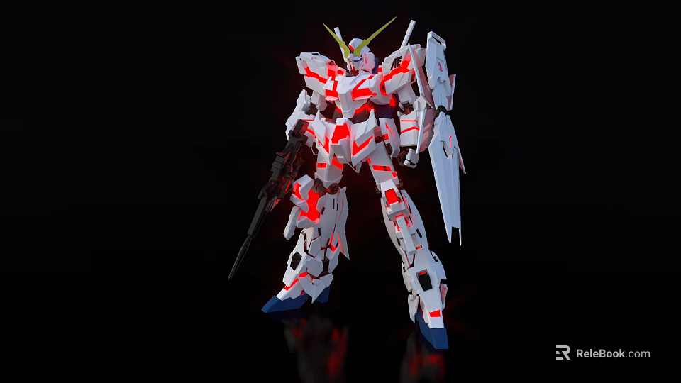 White Red Gundam Model With Golden Horn Holding Weapon On Black Background 3d model 