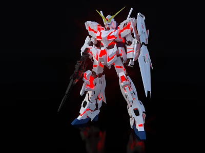 White Red Gundam Model With Golden Horn Holding Weapon On Black Background 3d model