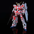 White Red Gundam Model With Golden Horn Holding Weapon On Black Background